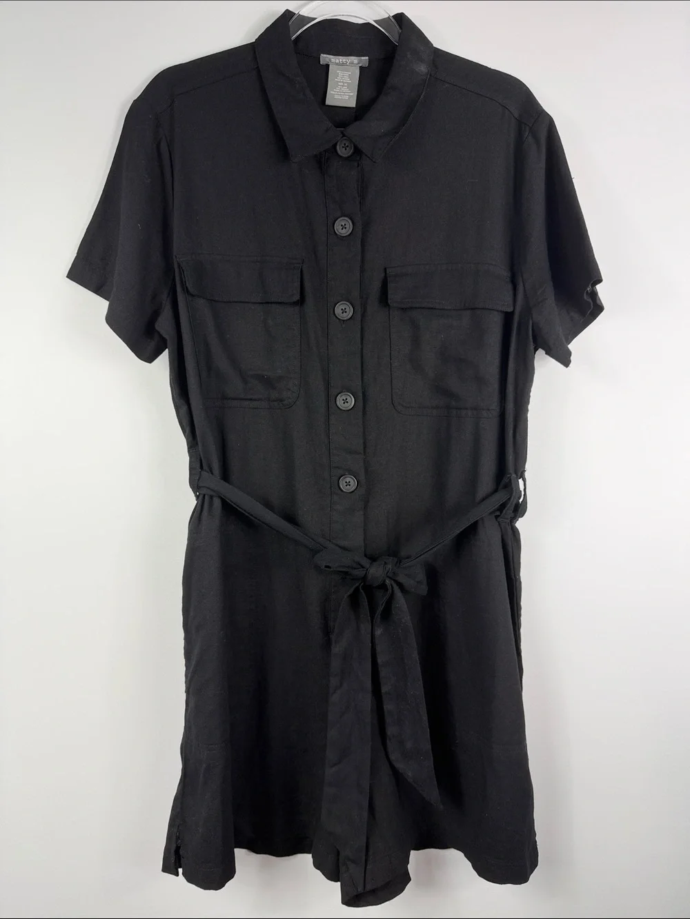 Matty M Black Linen Blend Tie-Waist Utility Romper Short Sleeve XL